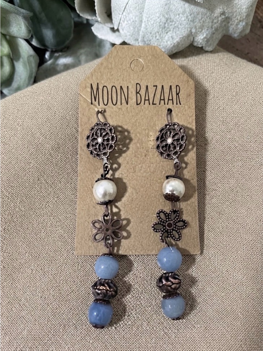 Rustic  Larimar Drop Earrings with Pearl Accent and copper